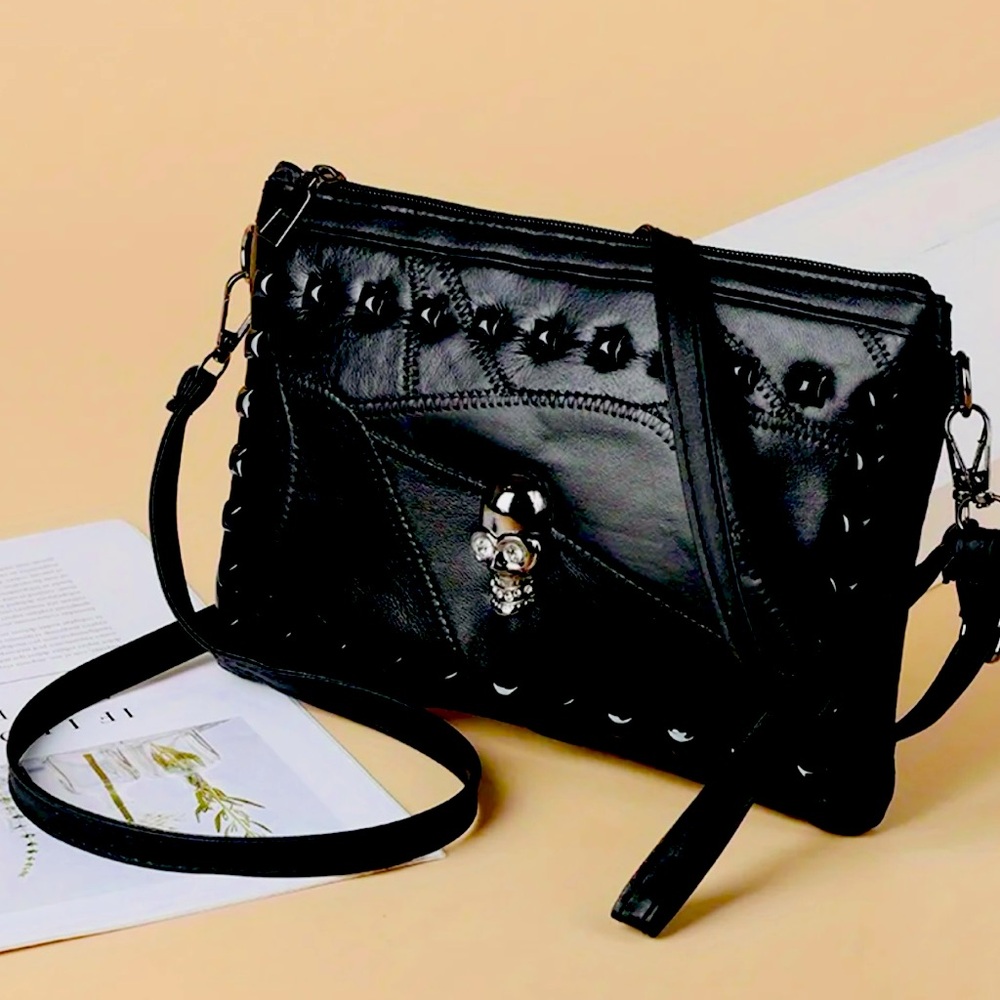New - Chic - Top Grain Genuine Leather Studded Crossbody Bag with Skull accents
